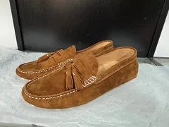 Women's brown suede tassel loafers, front-pair view