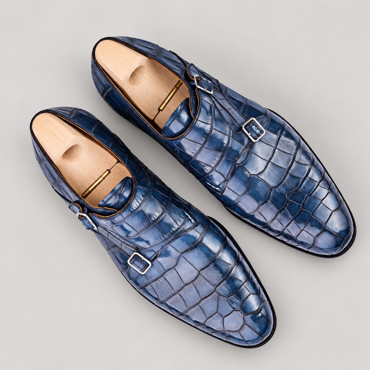 Blue Alligator Double Monk Strap Shoes