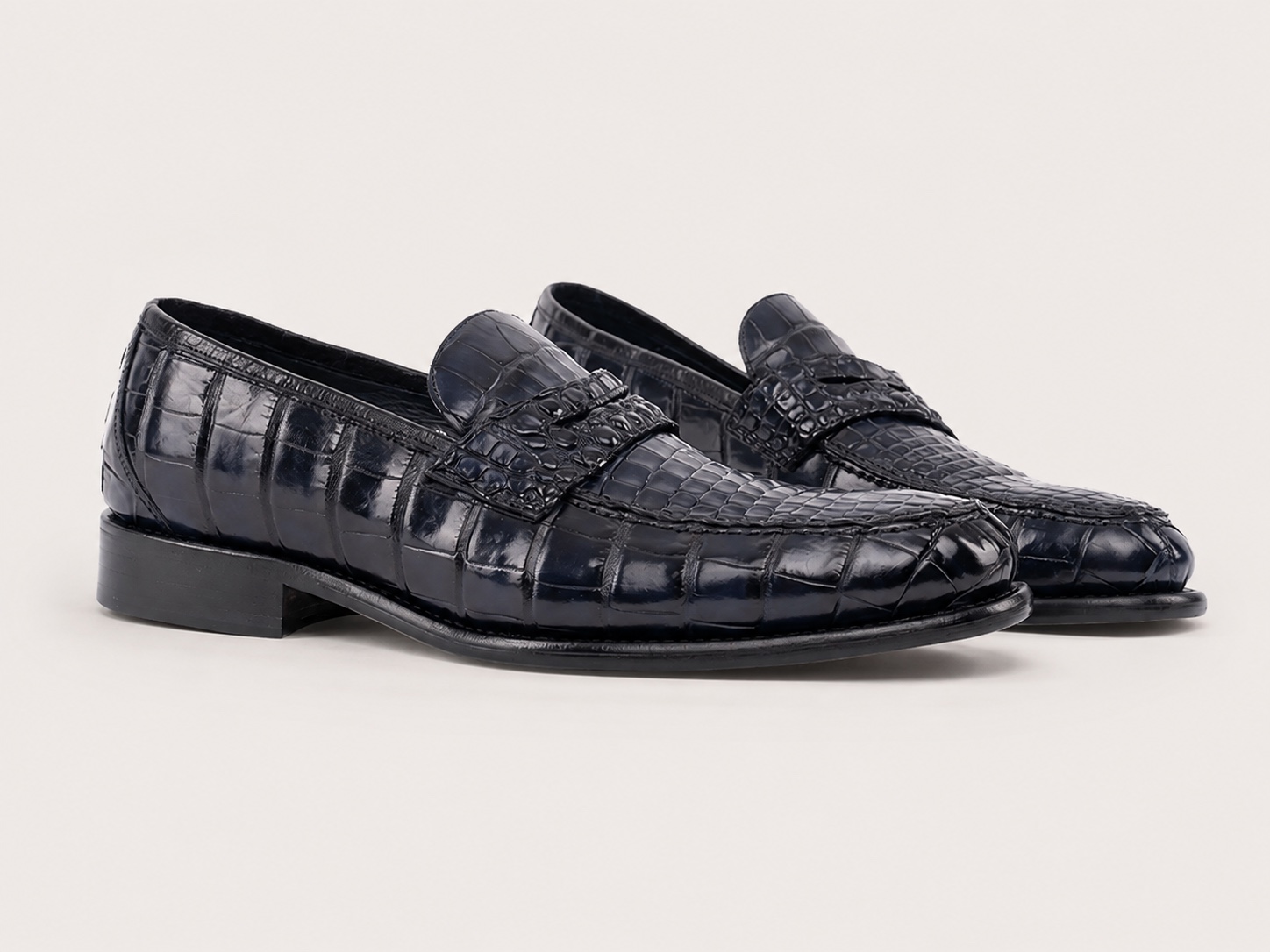 Navy blue crocodile penny loafers shown as a catalogue style reference for a personal-pair enquiry