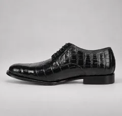 Inner side profile of a polished black alligator lace-up shoe