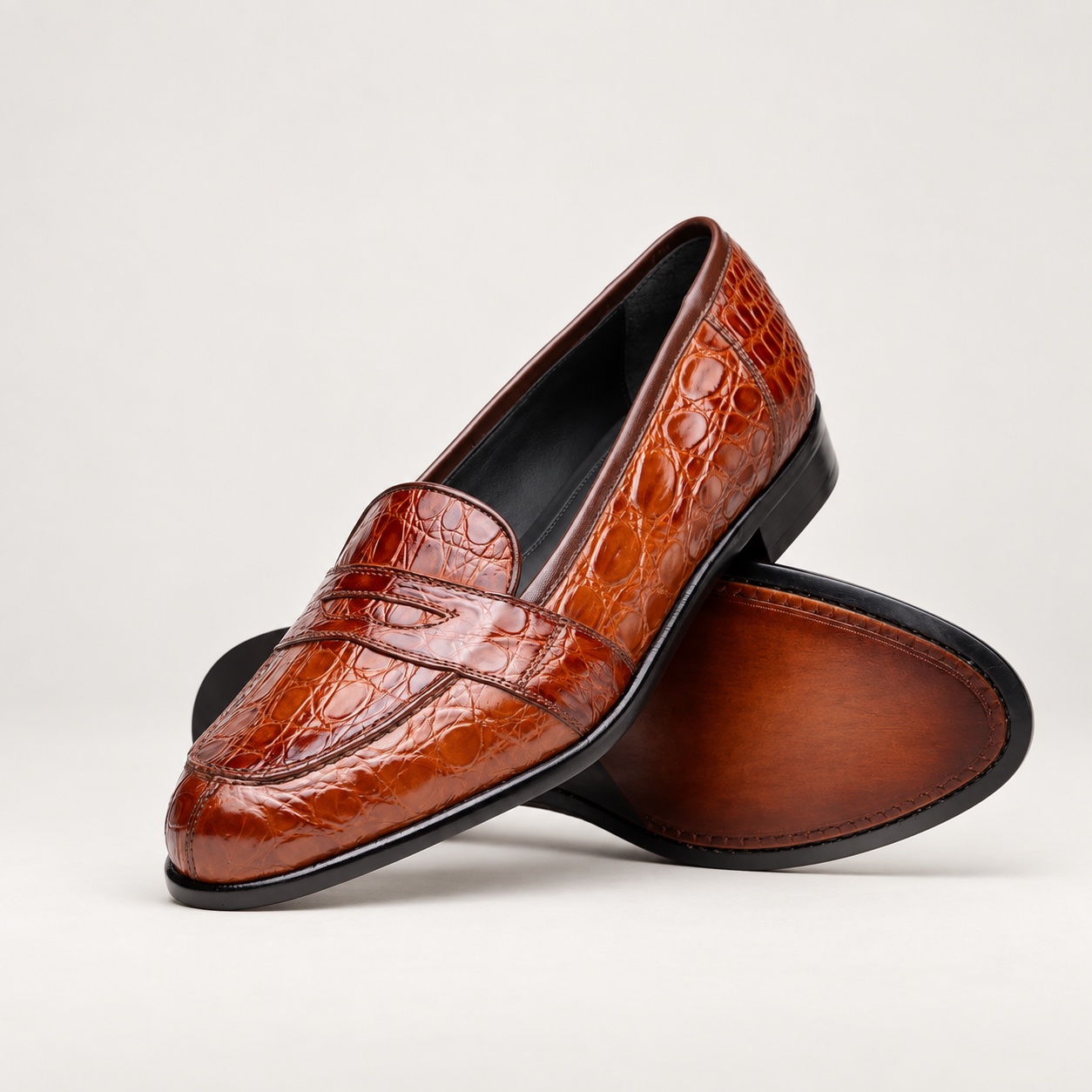 Polished Cognac Crocodile Penny Loafers