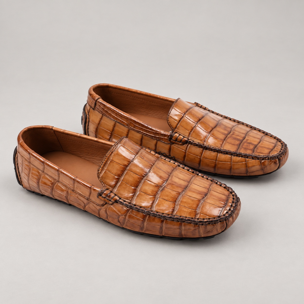 Tan Crocodile Driving Loafers