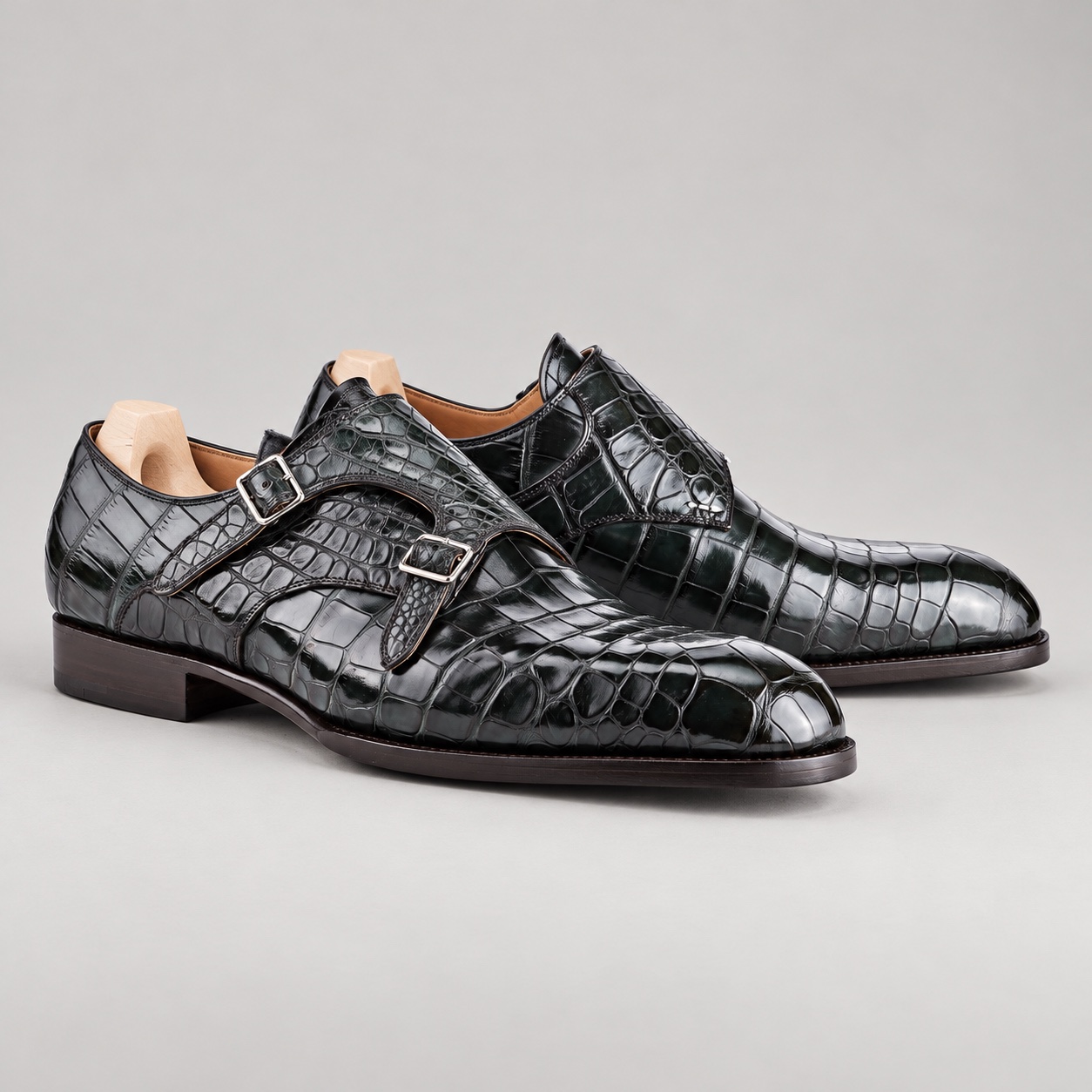 Olive Alligator Double Monk Strap Shoes