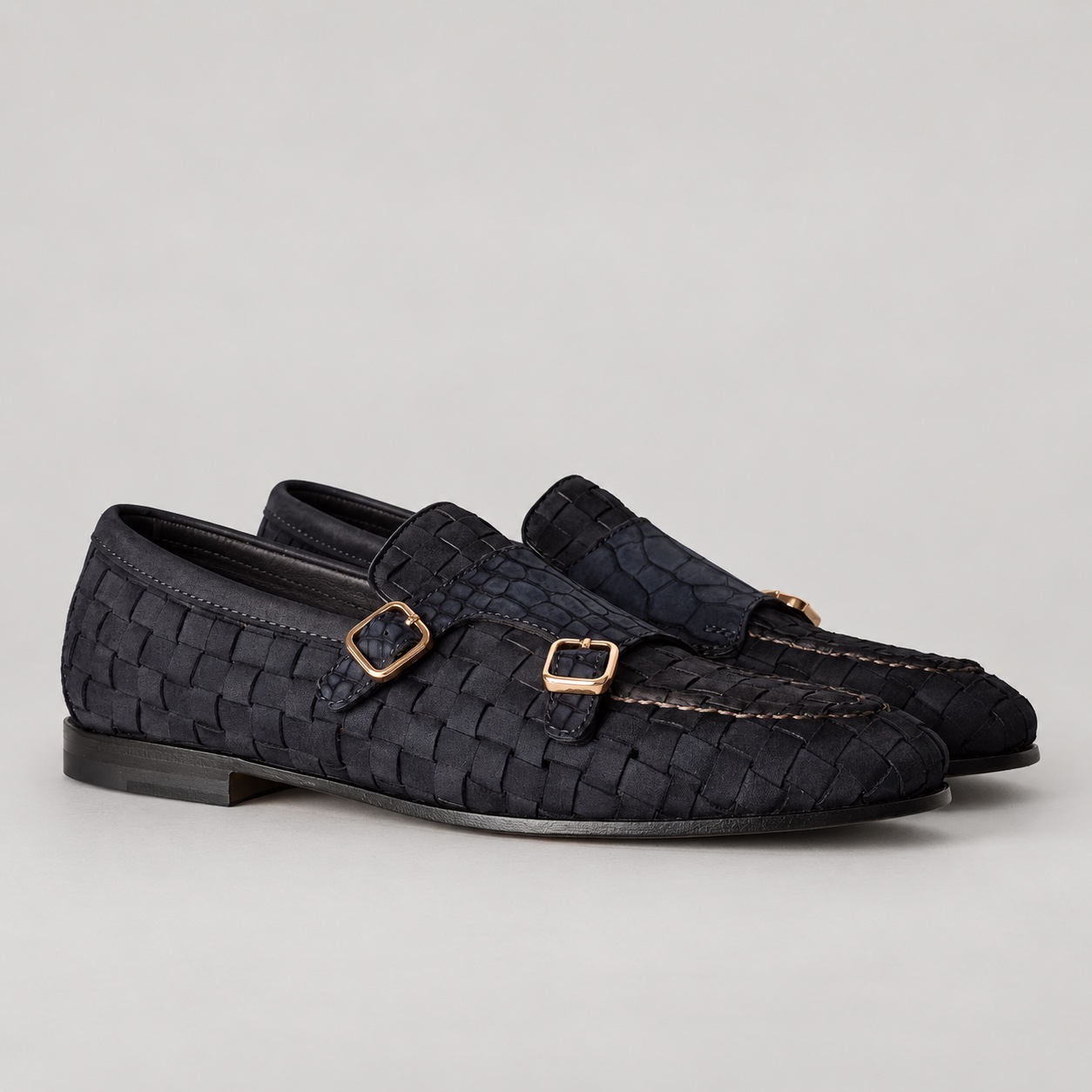 Woven Suede & Alligator Double-Buckle Loafers