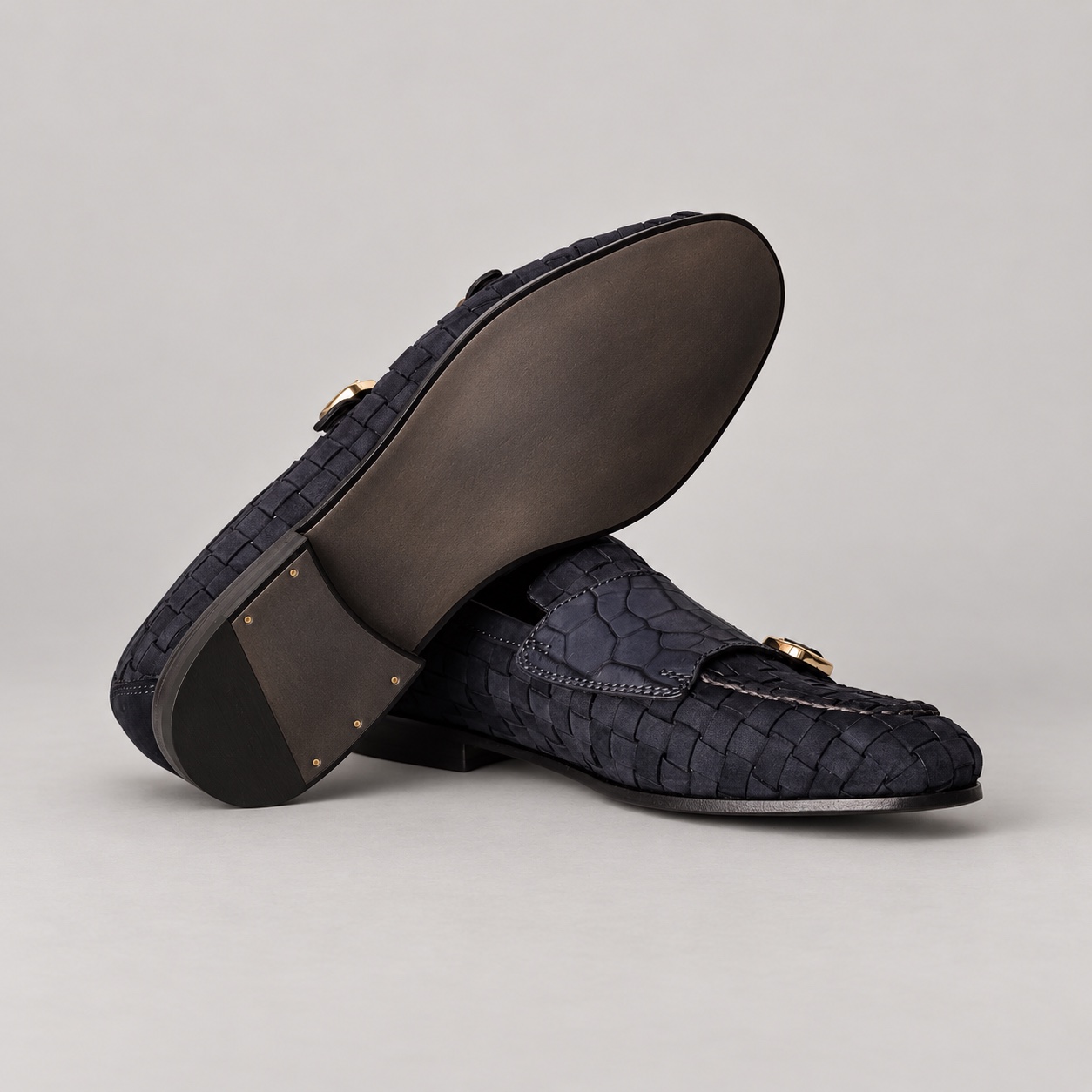 Edited dark burnished sole preview on woven suede and alligator loafers