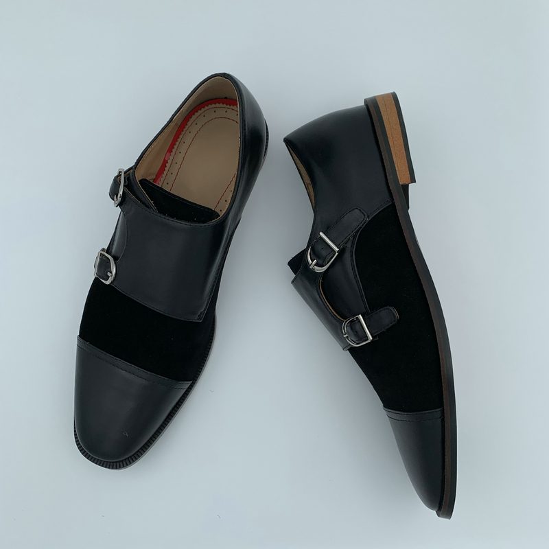Black Leather & Suede Double Monk Strap Loafers