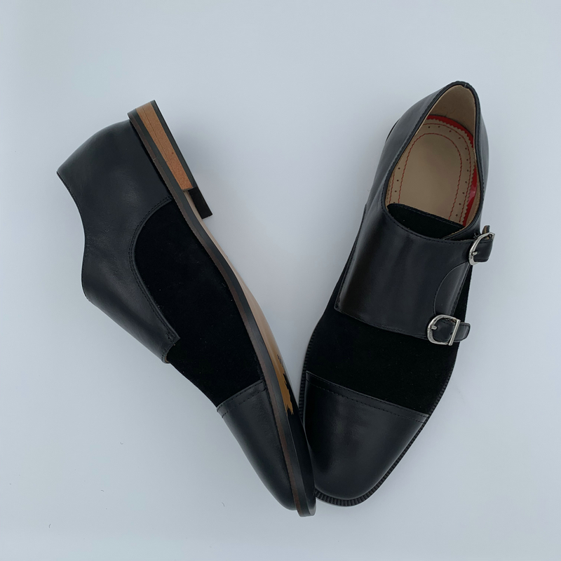 Black Leather & Suede Double Monk Strap Loafers image 5