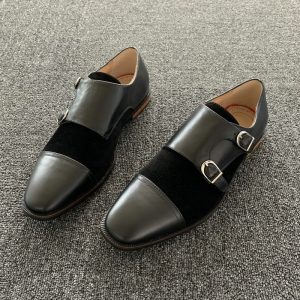 Black Leather & Suede Double Monk Strap Loafers