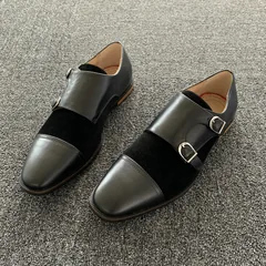 Black Leather & Suede Double Monk Strap Loafers image 1