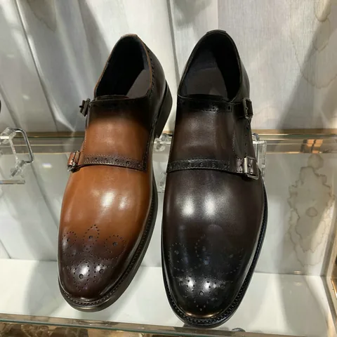 Mens Pointed Toe Monk Strap Leather Loafers