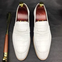 Mens White Genuine Crocodile Penny Loafers BMWAS12092 image 1