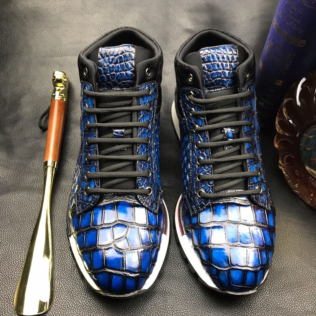 Men’s Blue All Real Crocodile Skin Sneakers BMBAS120128