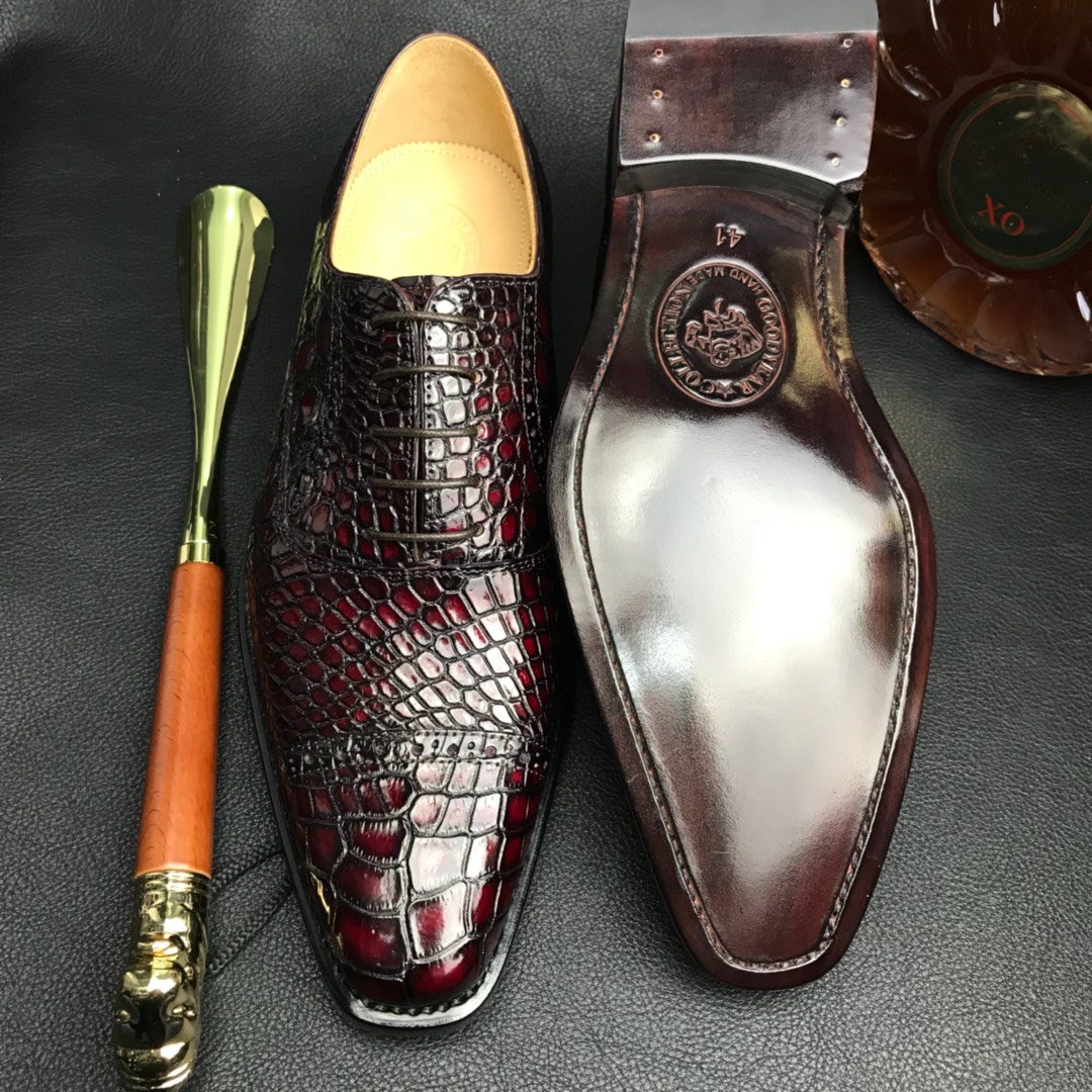 Genuine Leather Oxford Handmade Crocodile Lace Up Shoes BMBAS120187 image 3