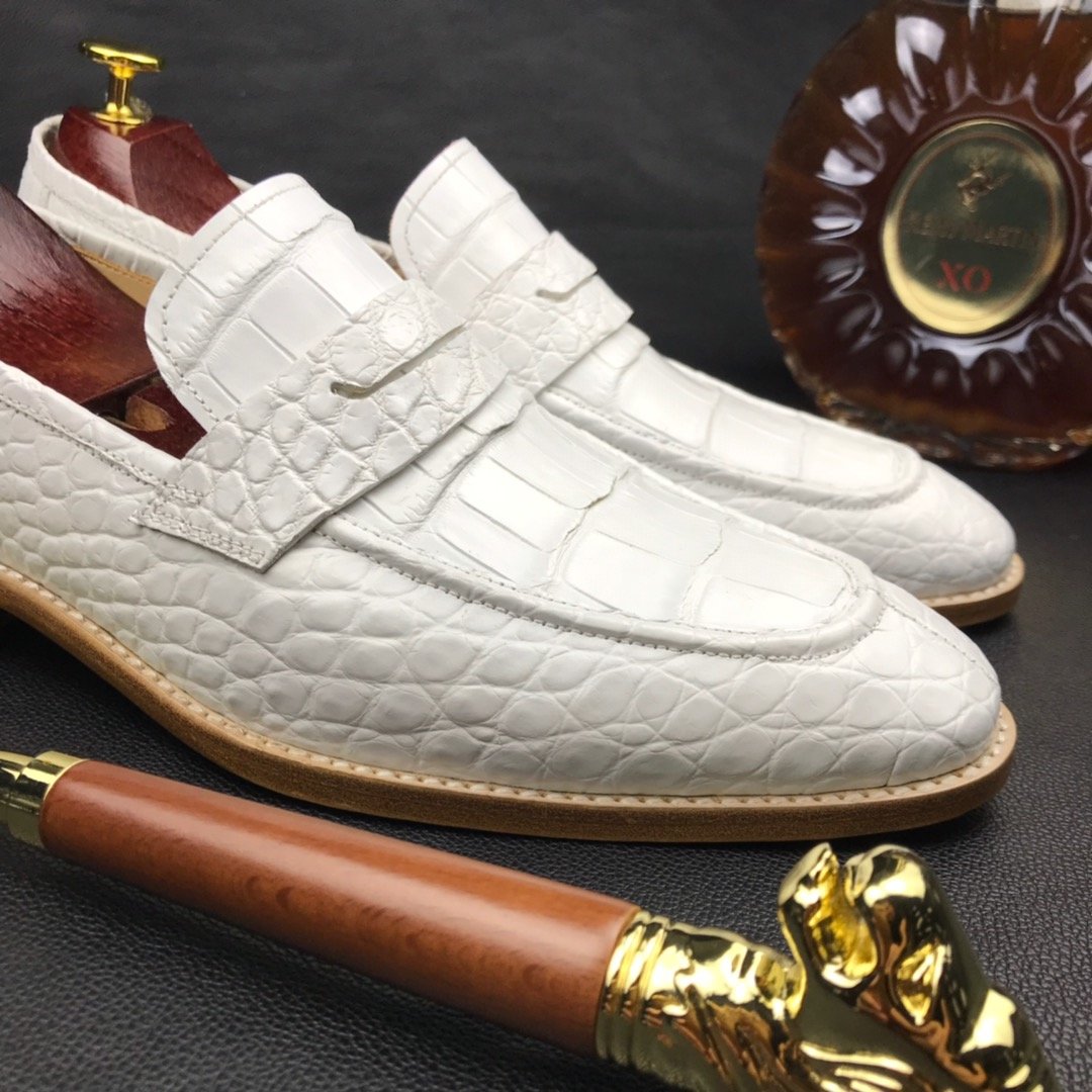 Mens White Genuine Crocodile Penny Loafers BMWAS12092 image 8
