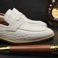 Mens White Genuine Crocodile Penny Loafers BMWAS12092 image 2