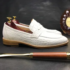 Mens White Genuine Crocodile Penny Loafers BMWAS12092 image 3