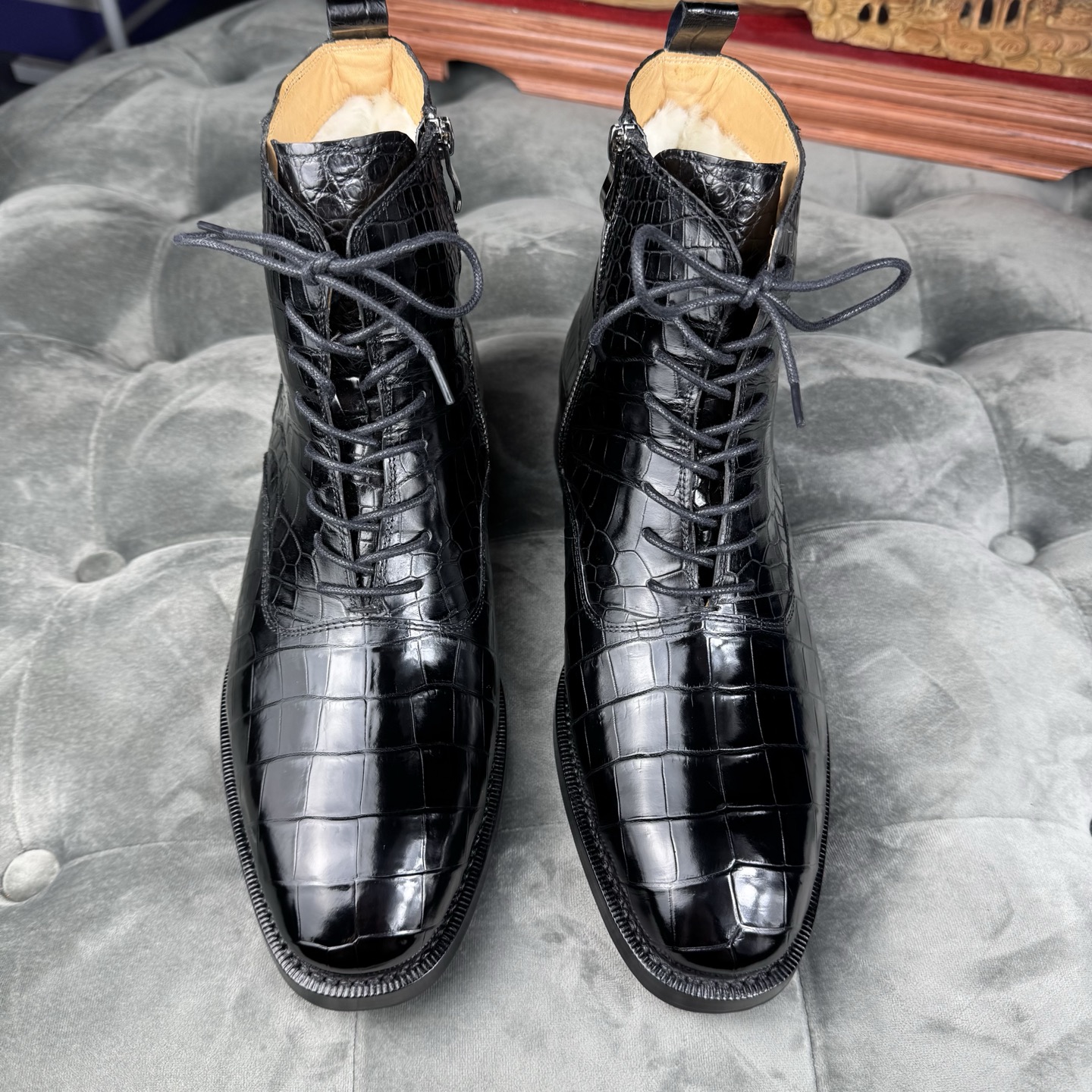 Crocodile Leather Men's Black Wool-Lined Lace-Up Ankle Boots BCS008