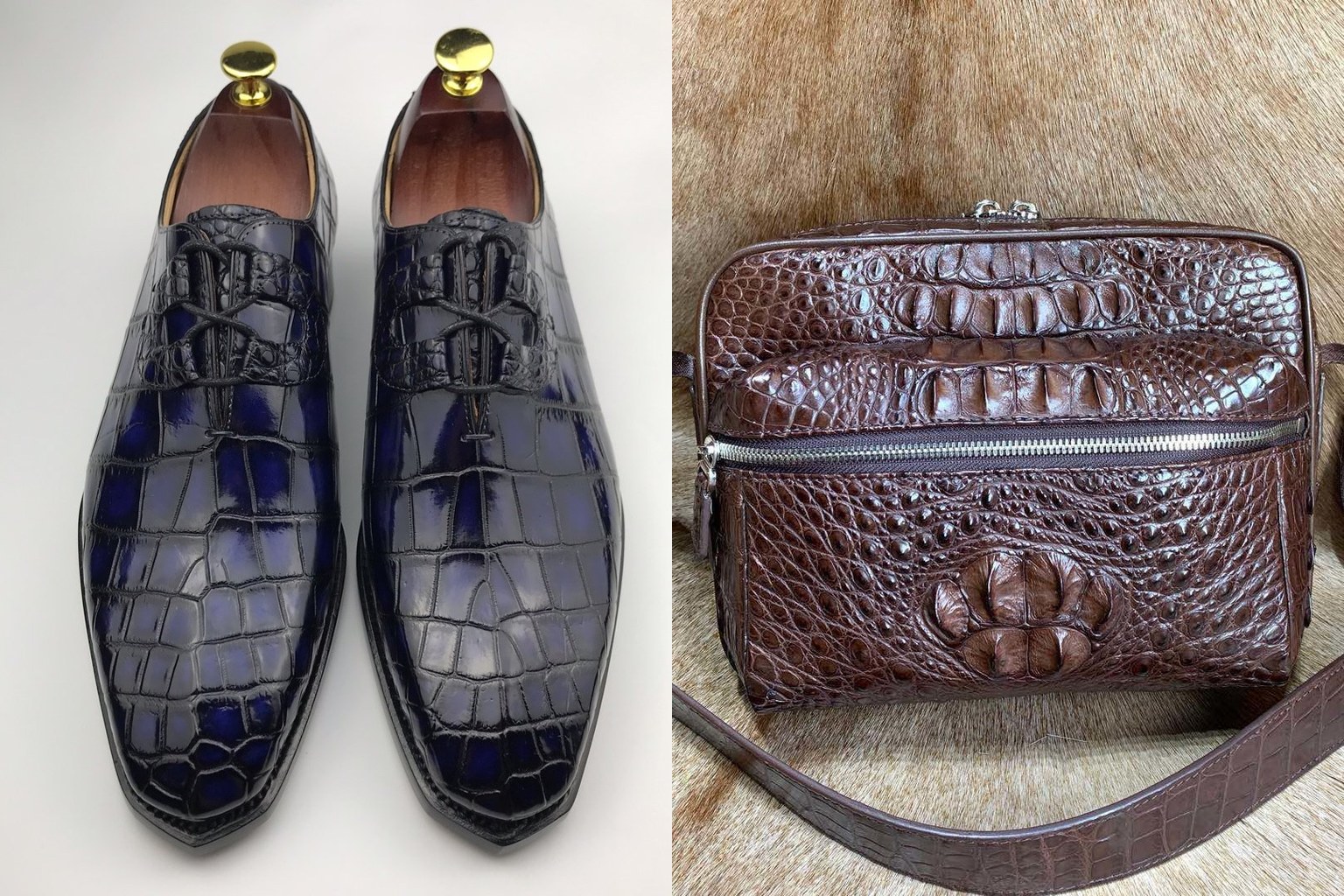 Blue crocodile leather derby shoes beside a brown hornback crocodile crossbody bag, showing a boutique retail assortment pairing