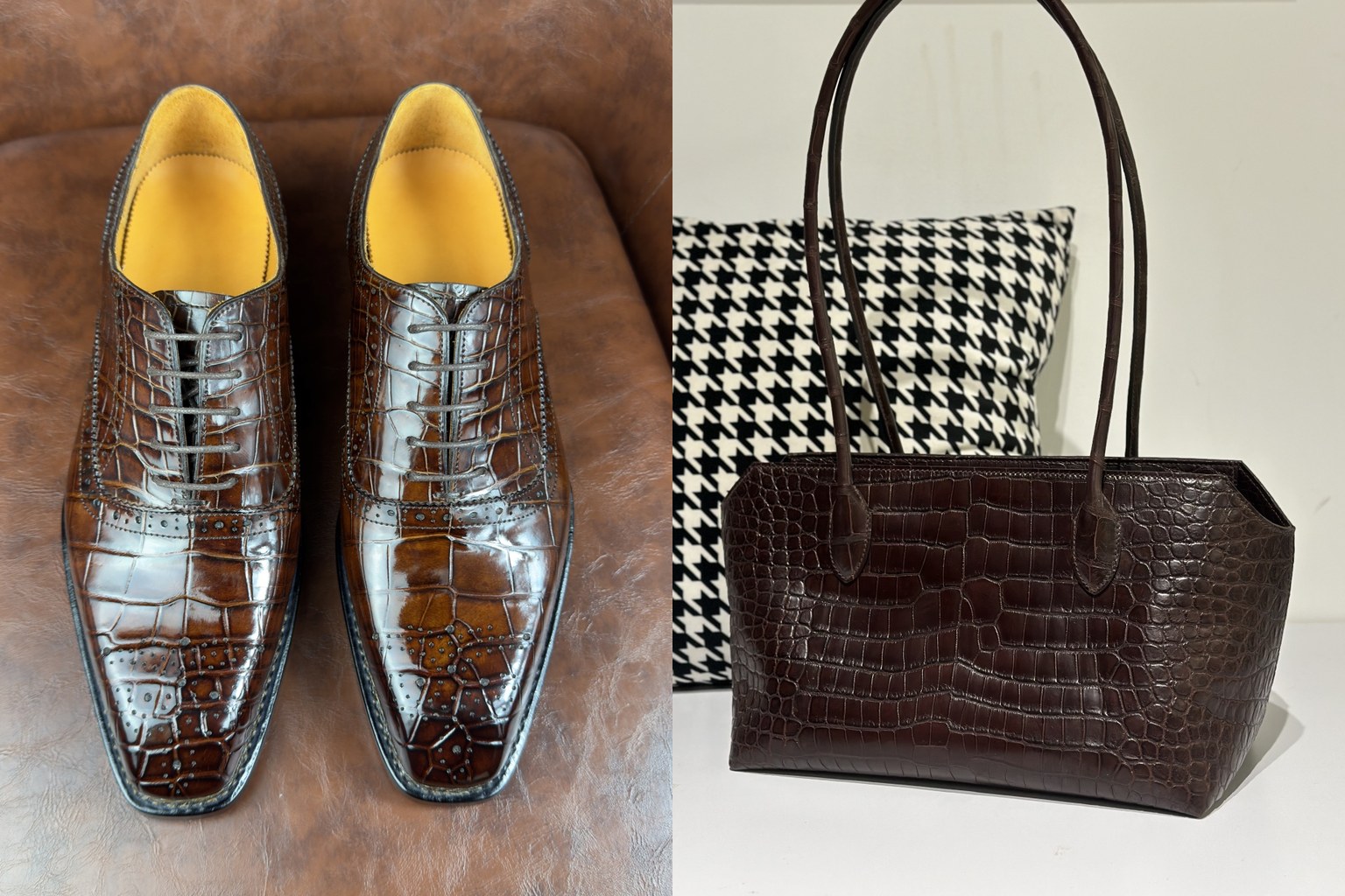 Brown crocodile leather brogue oxford shoes beside a dark brown crocodile leather tote bag, examples of wholesale price tiers