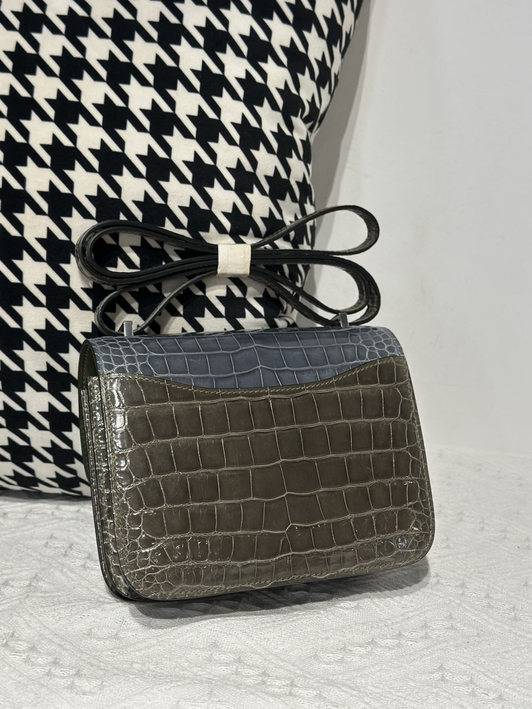Alligator Leather Storm Blue Olive Green 18cm Glossy Silver Hardware Flap Shoulder Bag WAB001 image 3