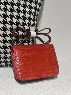 Alligator Leather Ferrari Red 18cm Glossy Silver Hardware Flap Shoulder Bag WAB003 image 3