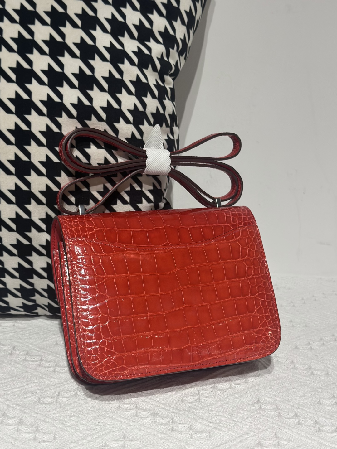 Alligator Leather Ferrari Red 18cm Glossy Silver Hardware Flap Shoulder Bag WAB003 image 3
