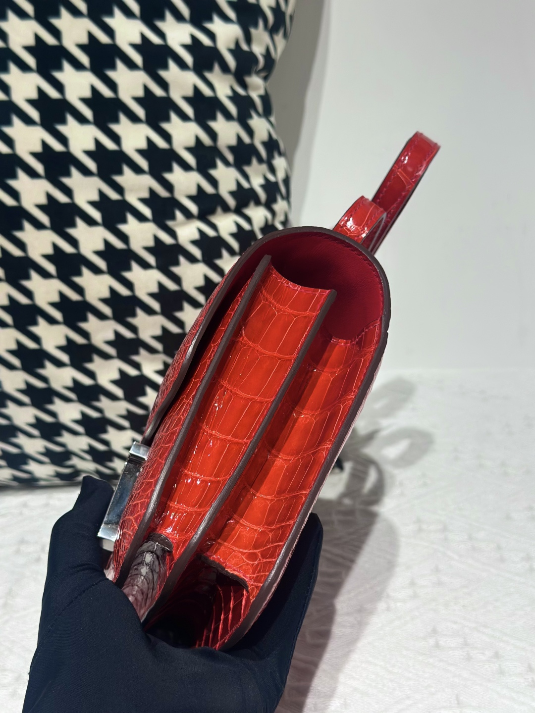 Alligator Leather Ferrari Red 18cm Glossy Silver Hardware Flap Shoulder Bag WAB003 image 4