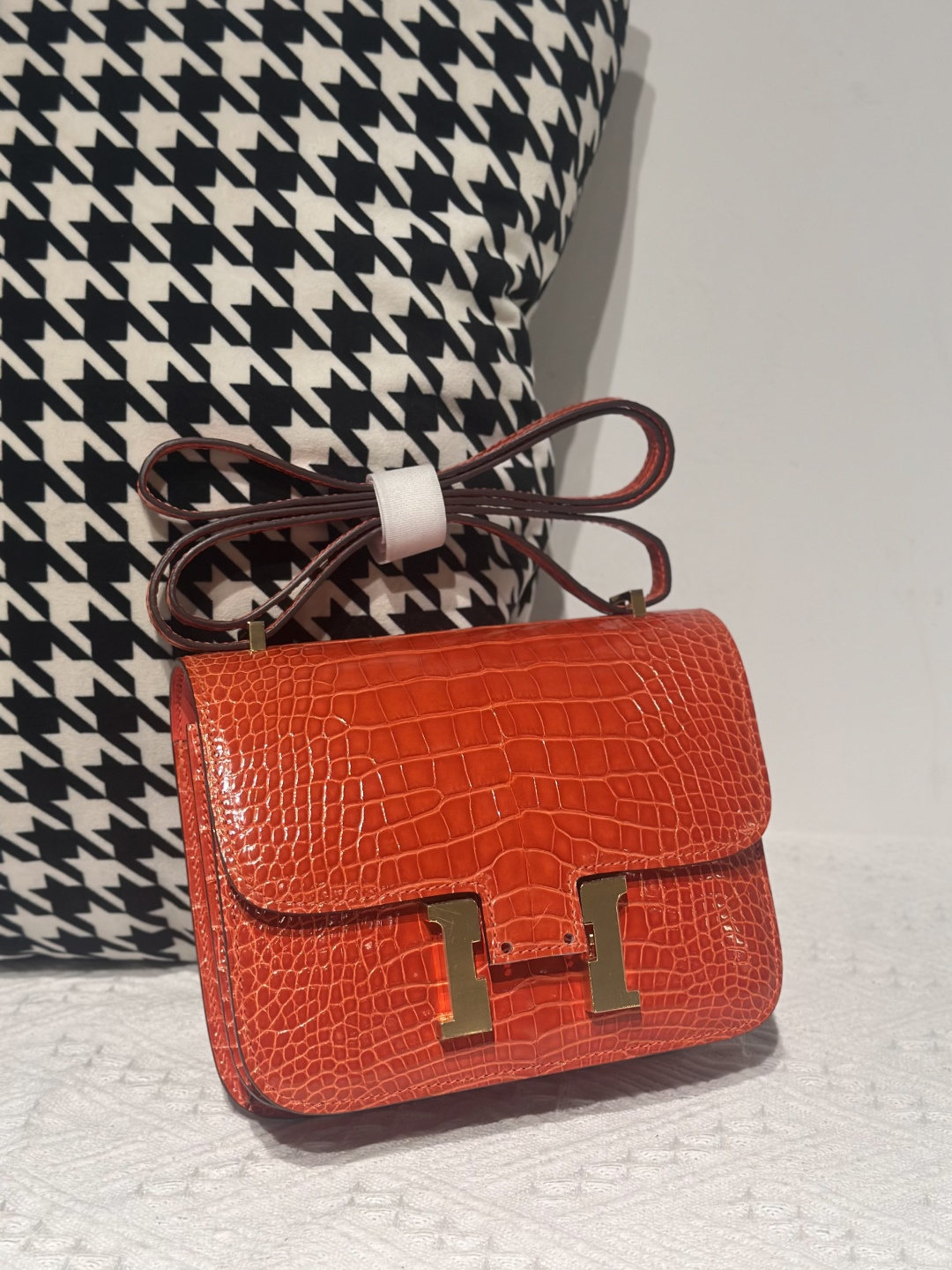 Alligator Leather Salmon Pink 18cm Glossy Gold Hardware Flap Shoulder Bag WAB004