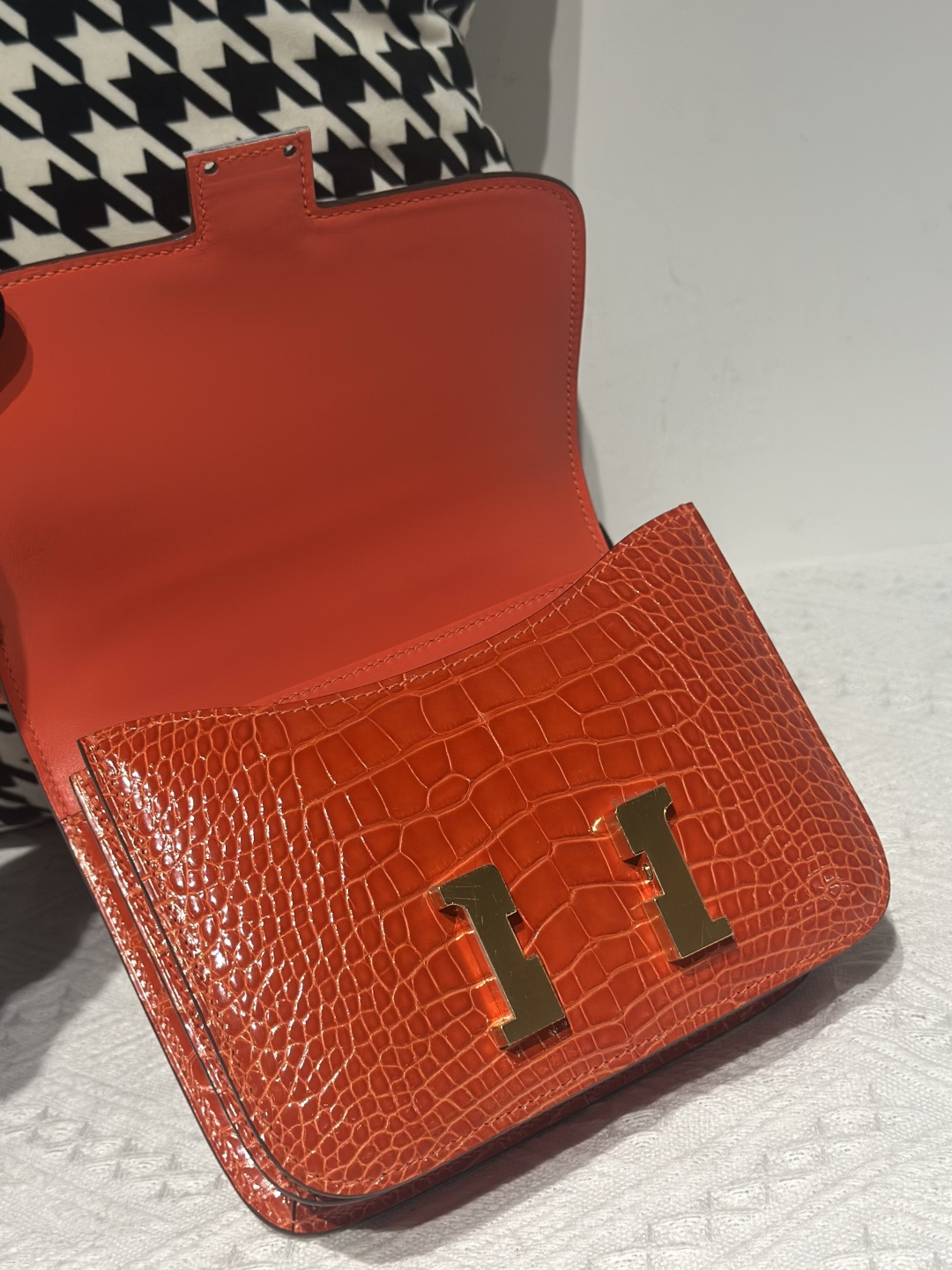 Alligator Leather Salmon Pink 18cm Glossy Gold Hardware Flap Shoulder Bag WAB004 image 2