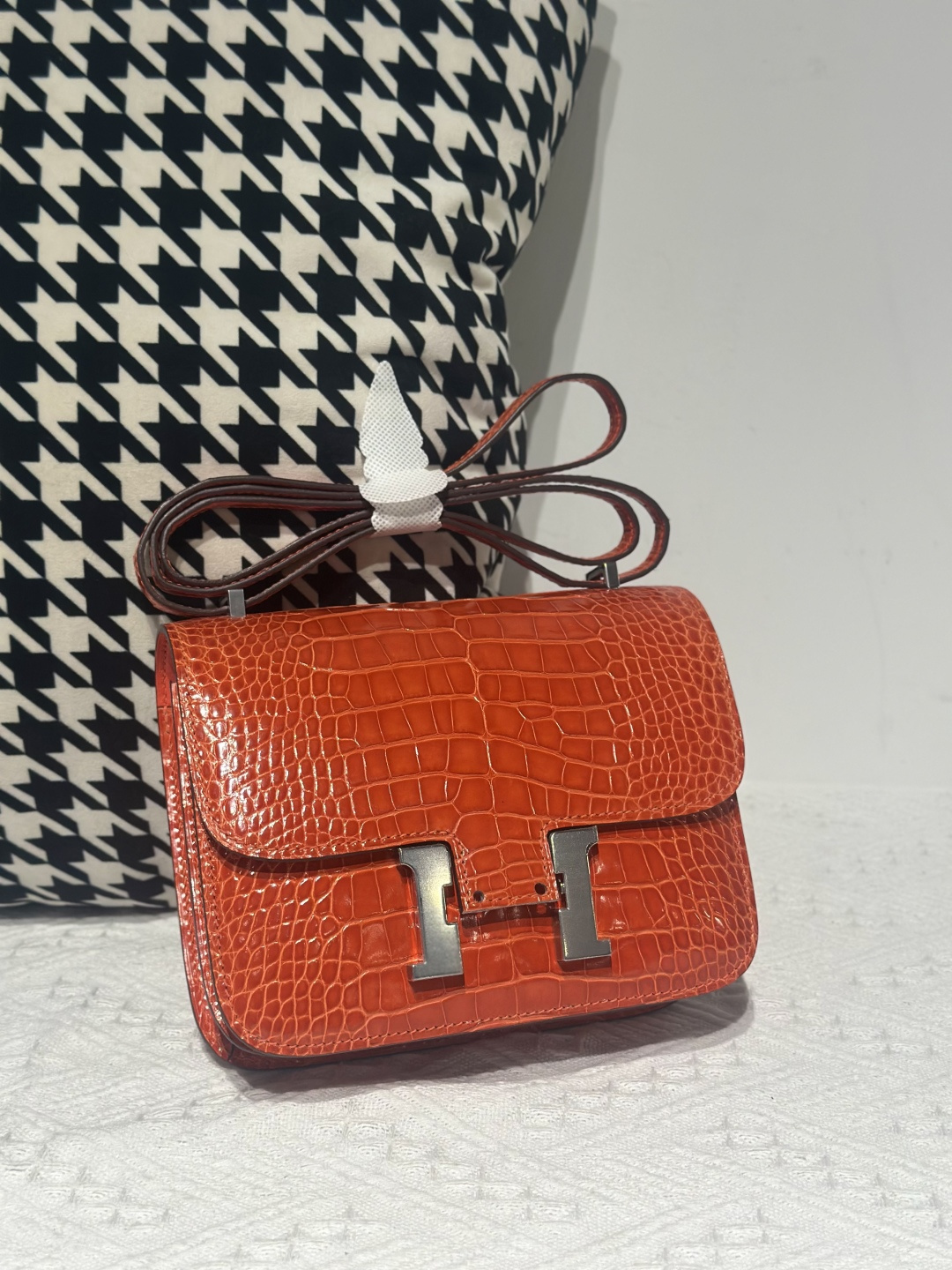 Alligator Leather Salmon Pink 18cm Glossy Silver Hardware Flap Shoulder Bag WAB005