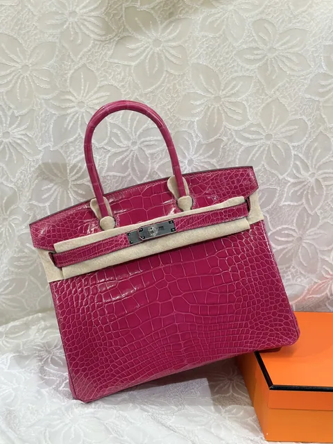 Alligator Leather Peach Pink 30cm Glossy Silver Hardware Top Handle Tote Bag WAB006
