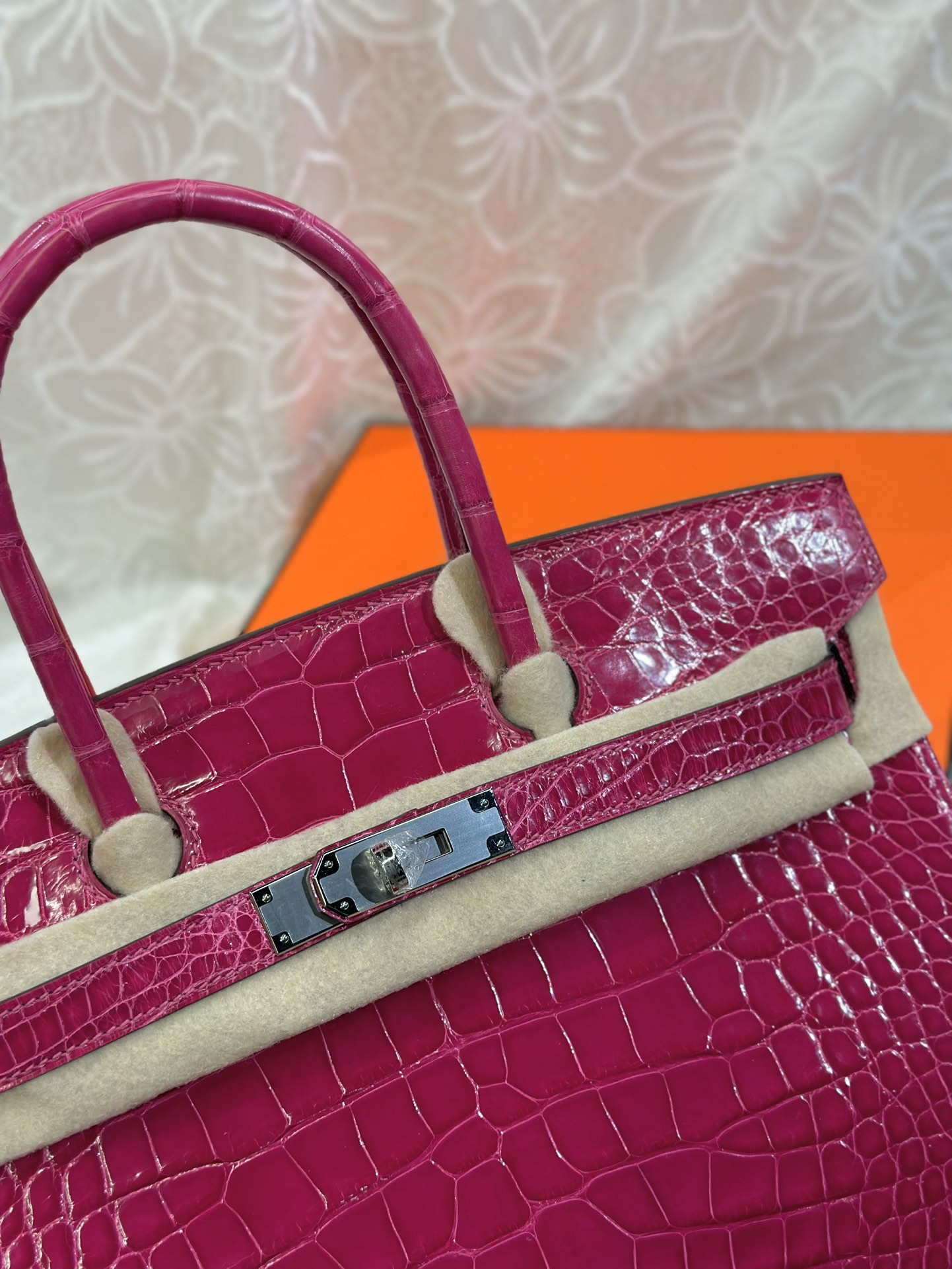 Alligator Leather Peach Pink 30cm Glossy Silver Hardware Top Handle Tote Bag WAB006 image 2