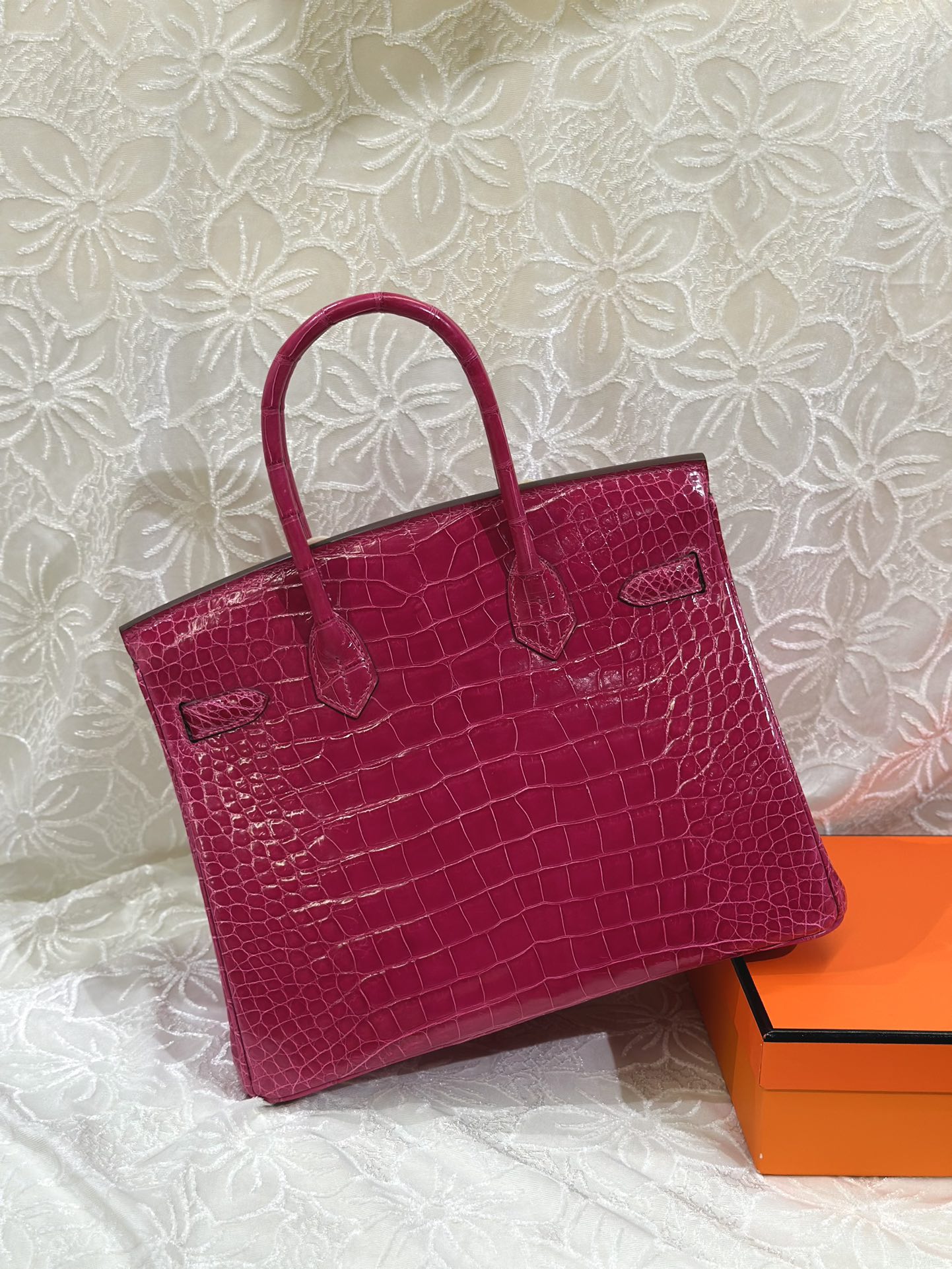 Alligator Leather Peach Pink 30cm Glossy Silver Hardware Top Handle Tote Bag WAB006 image 3