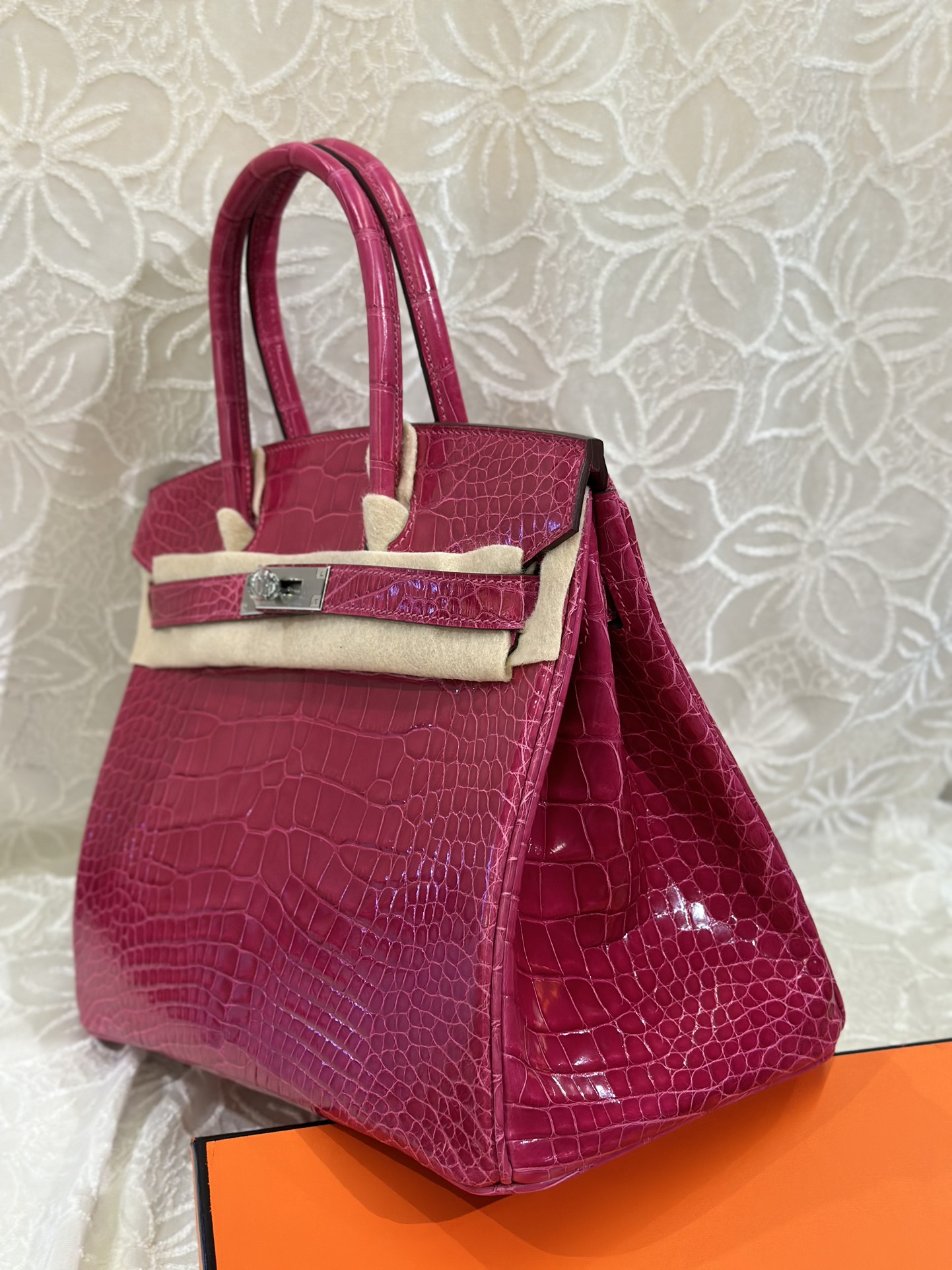 Alligator Leather Peach Pink 30cm Glossy Silver Hardware Top Handle Tote Bag WAB006 image 4