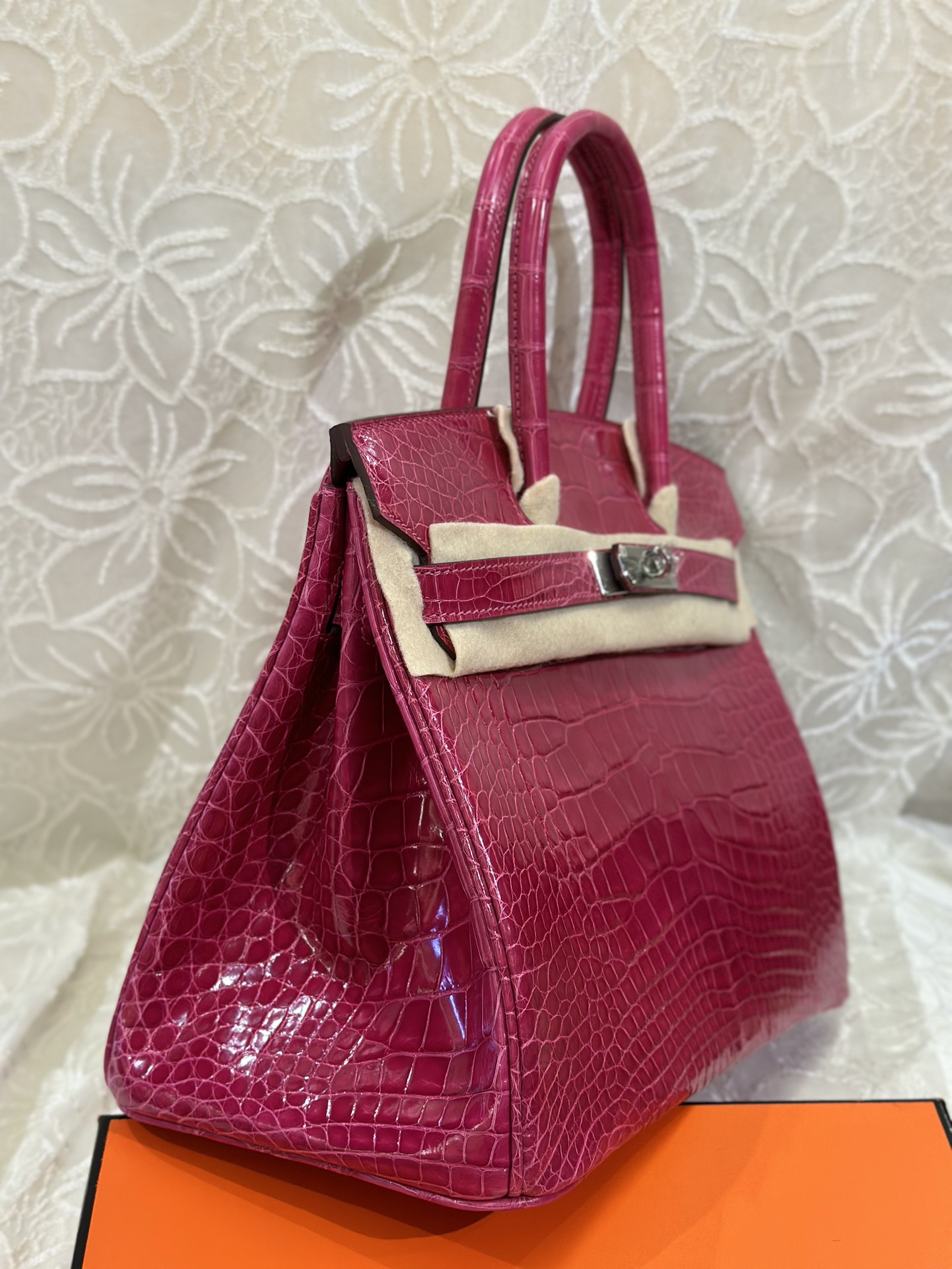 Alligator Leather Peach Pink 30cm Glossy Silver Hardware Top Handle Tote Bag WAB006 image 5