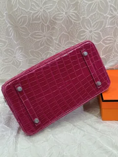 Alligator Leather Peach Pink 30cm Glossy Silver Hardware Top Handle Tote Bag WAB006 image 6