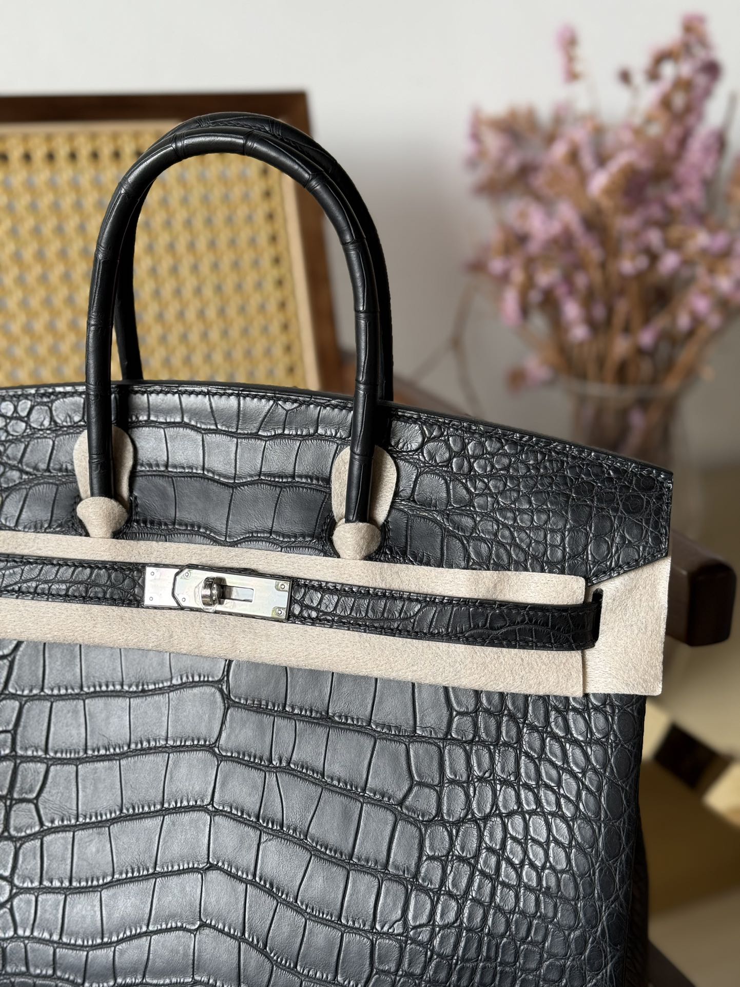 Alligator Leather Black 35cm Matte Water-Dyed Silver Hardware Top Handle Tote Bag WAB007 image 2