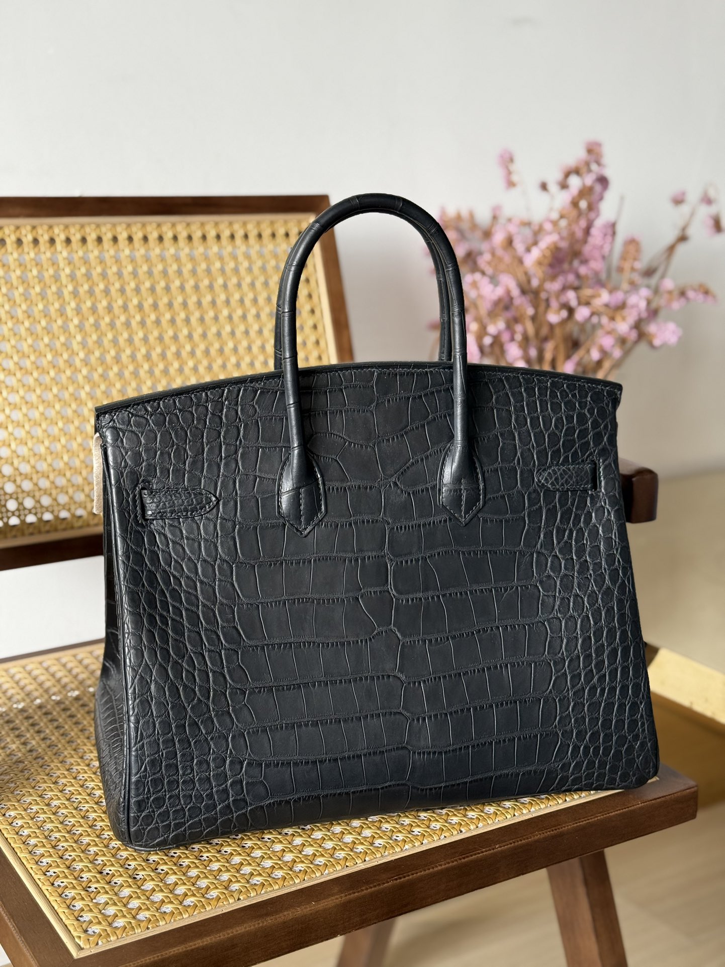 Alligator Leather Black 35cm Matte Water-Dyed Silver Hardware Top Handle Tote Bag WAB007 image 3