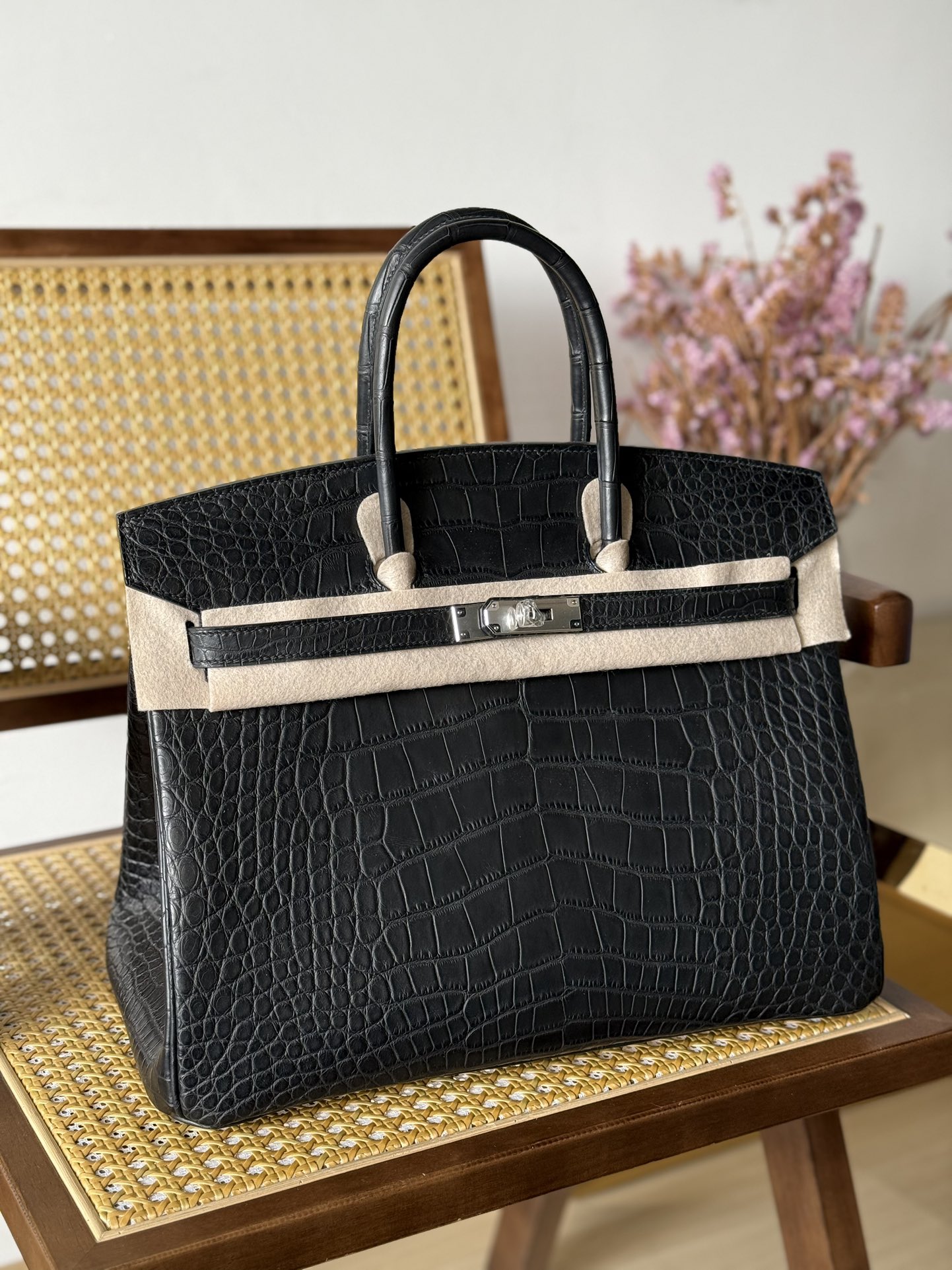 Alligator Leather Black 35cm Matte Water-Dyed Silver Hardware Top Handle Tote Bag WAB007 image 7