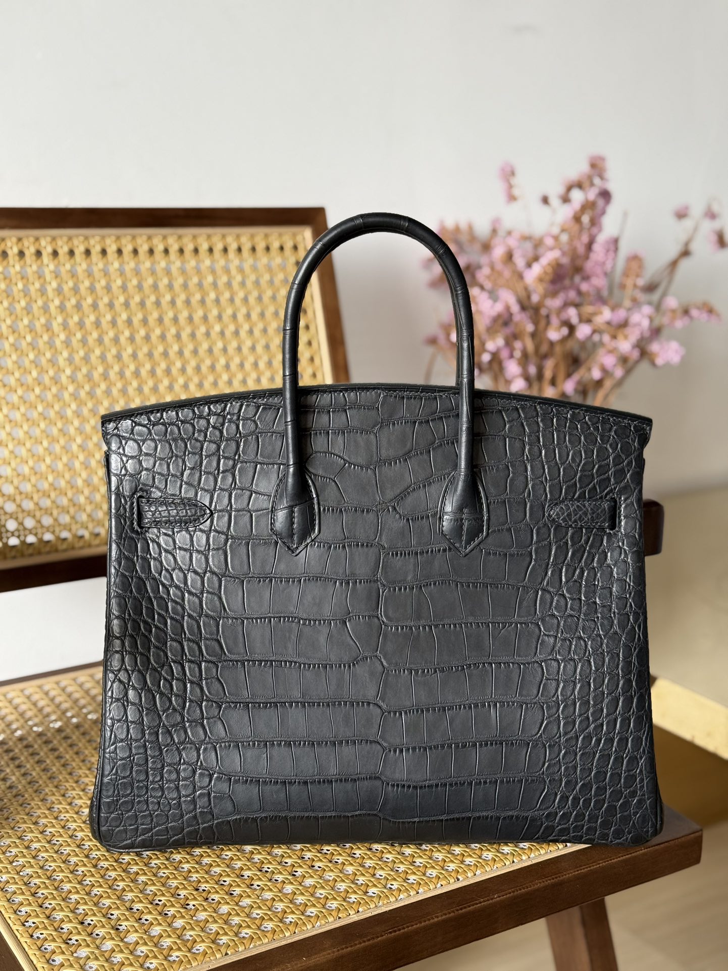 Alligator Leather Black 35cm Matte Water-Dyed Silver Hardware Top Handle Tote Bag WAB007 image 8
