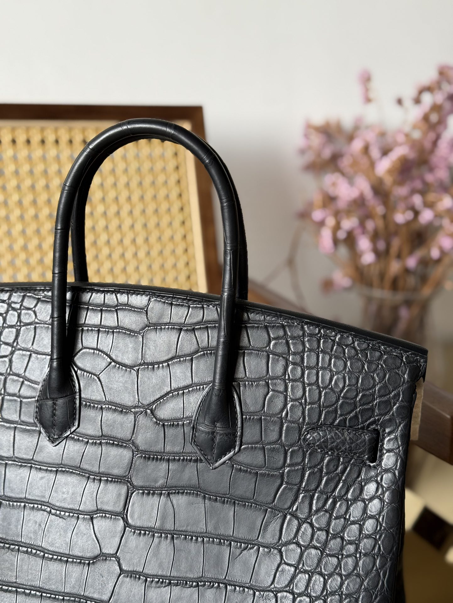 Alligator Leather Black 35cm Matte Water-Dyed Silver Hardware Top Handle Tote Bag WAB007 image 9