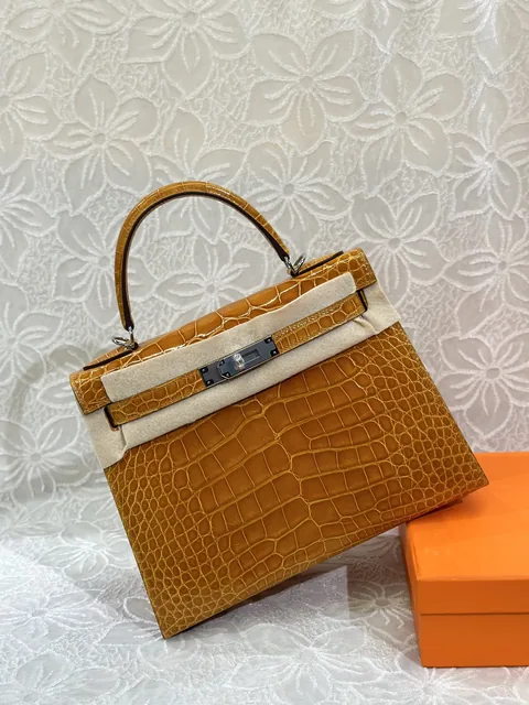 Alligator Leather Orange 28cm Glossy Silver Hardware Top Handle Bag WAB008