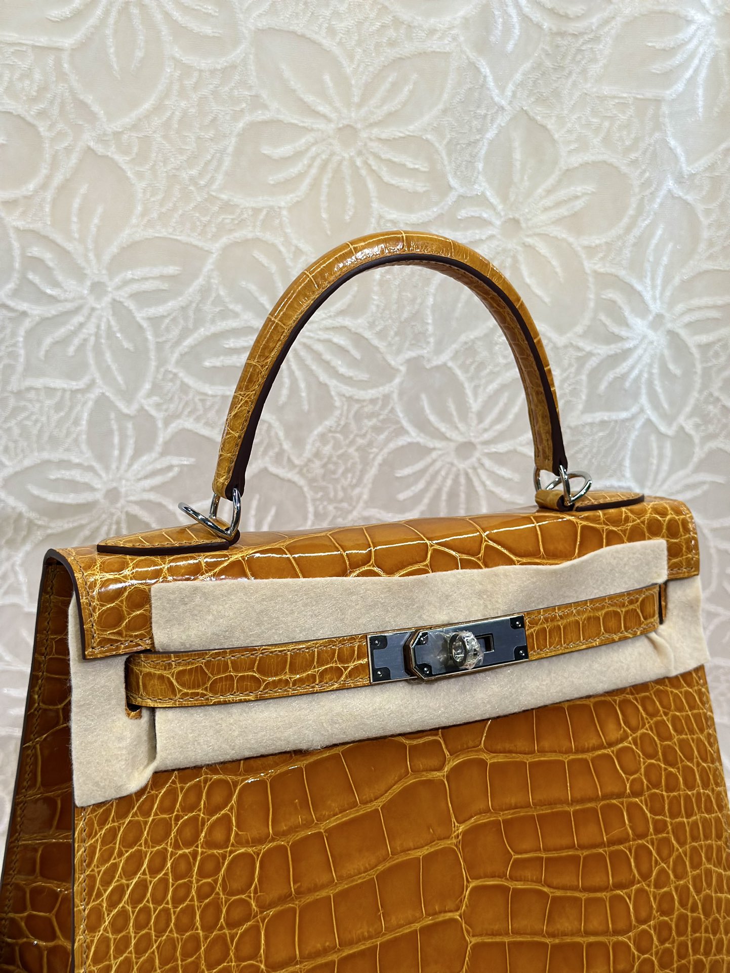 Alligator Leather Orange 28cm Glossy Silver Hardware Top Handle Bag WAB008 photo 2