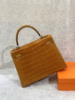 Alligator Leather Orange 28cm Glossy Silver Hardware Top Handle Bag WAB008 image 3