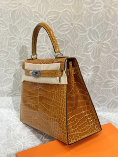 Alligator Leather Orange 28cm Glossy Silver Hardware Top Handle Bag WAB008 image 4