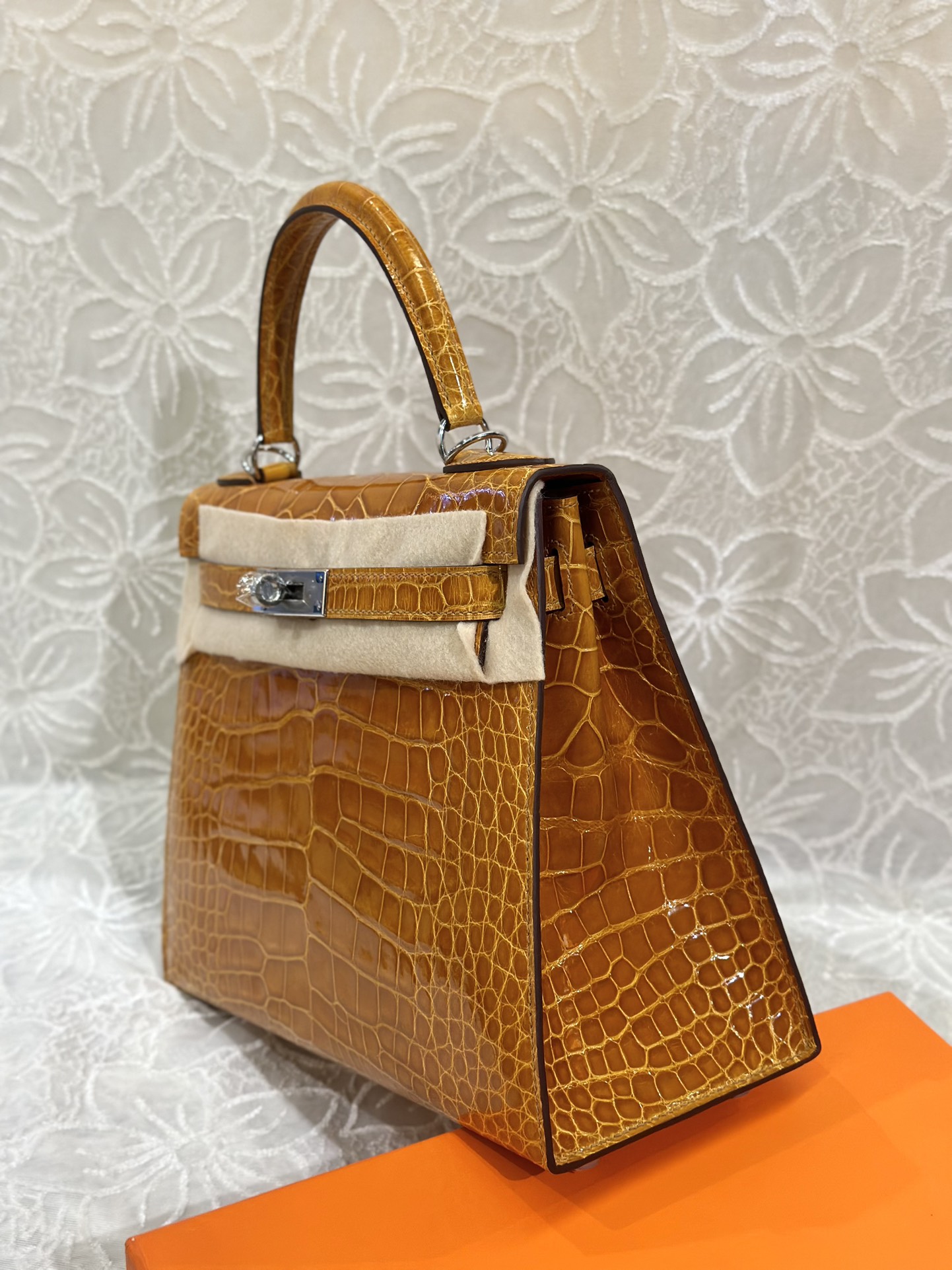 Alligator Leather Orange 28cm Glossy Silver Hardware Top Handle Bag WAB008 photo 4