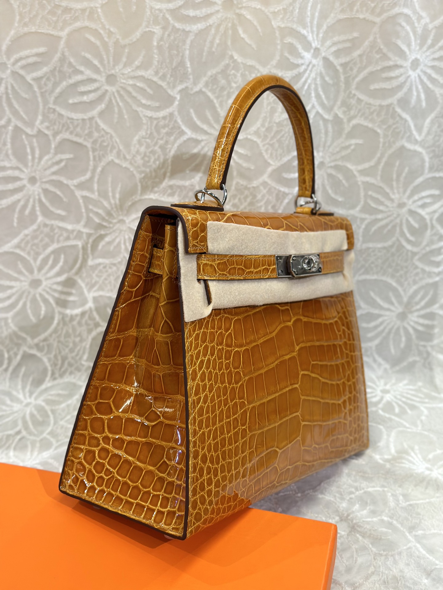 Alligator Leather Orange 28cm Glossy Silver Hardware Top Handle Bag WAB008 photo 5
