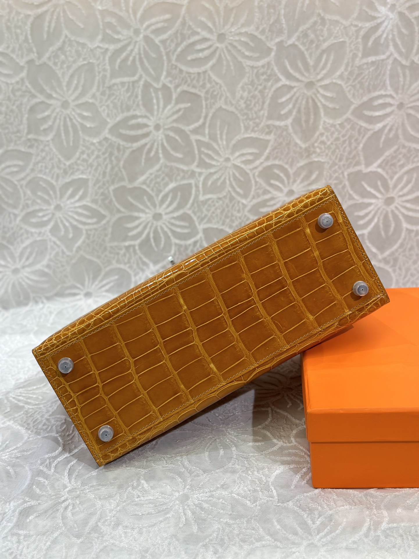Alligator Leather Orange 28cm Glossy Silver Hardware Top Handle Bag WAB008 photo 6