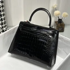 Alligator Leather Black 25cm Glossy Black Hardware Top Handle Bag WAB009 image 1