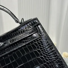 Alligator Leather Black 25cm Glossy Black Hardware Top Handle Bag WAB009 image 2